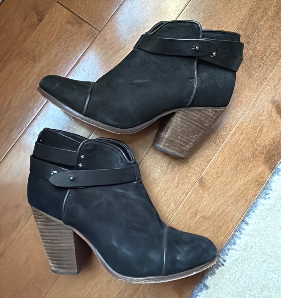 Rag & Bone Harrow Leather Ankle Booties Womens 9.5 Black Suede Strap Heel Boots